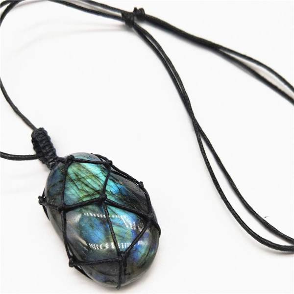 Naturlig Labradorit Kristall Halsband Healing Chakra Hänge med Handvävd Rep Labradorit Palmsten Månsten Healing