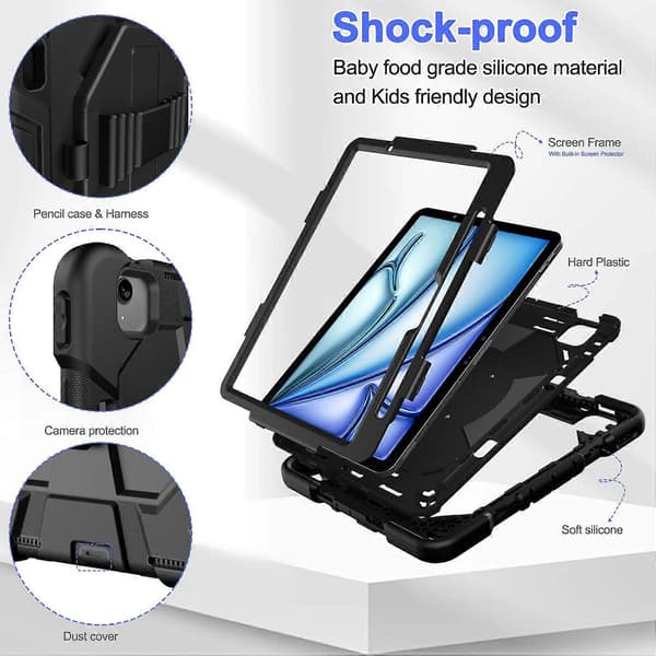 Etui til iPad Air 11 (2024) med støttefod, håndledsrem, PC+silikone tabletcover - Sort