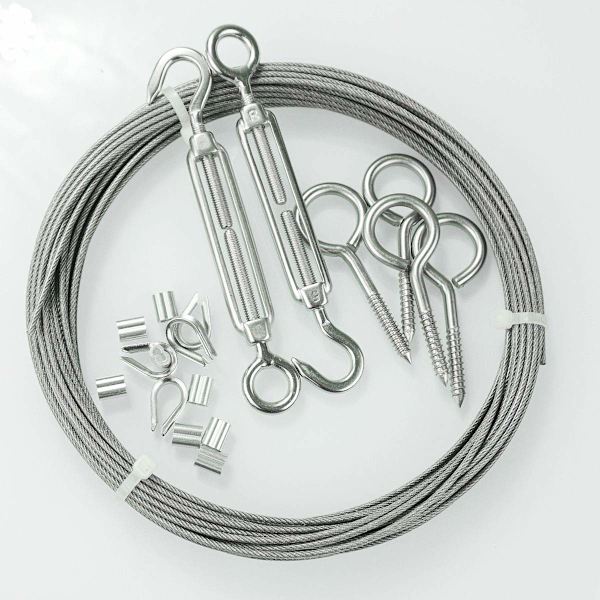 Rustfritt stål tau hengekit/wire kabel med strammeskrue /15m PVC belagt rustfritt stål tau 2mm med M5 rustfritt stål strammeskrue krok og øye
