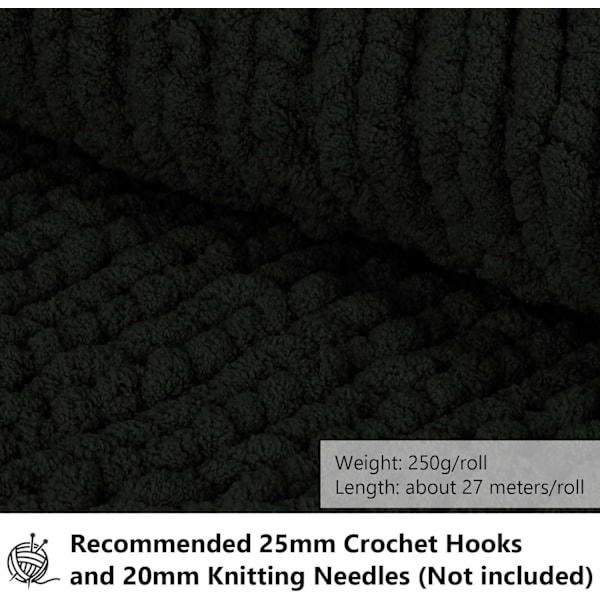 500g (250gx2) Chunky Garnboll ca 54m Chenille Chunky Pälsgarn Mjuk Ull Chunky Garn Mjuk Stickgarn för Virkade Filtar Halsdukar Hattar black