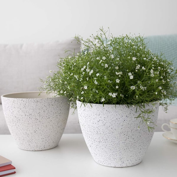 Kruka för utomhus- och inomhusbruk - 19 cm trädgårdskruka för terrass, uteplats, trädgård, prickig vit, 2-pack
