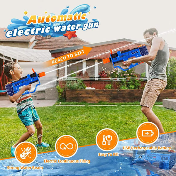 Elektrisk vannpistol for barn og voksne, automatisk vannpistol batteridrevet, 32ft skyteområde 800ml