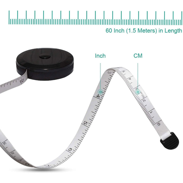 Pehmeä mittanauha, sisäänvedettävä valkoinen mittanauha, vartalon mittanauhat räätälille, kankaan neulomiseen, käsitöihin, vartalon mittauksiin, 60 tuumaa 150 cm (musta)