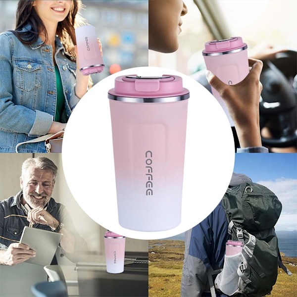 Kaffetermoskopp for Reise, 510ml Rustfritt Stål Gjenbrukbar, 100% Lekkasjesikker, Dobbel Vegg Vakuumisolert for Varm og Kald Kaffe Pink
