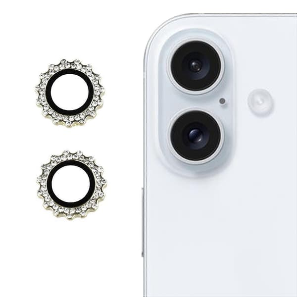 Kameraskydd för iPhone 16/16 Plus, kugghjulsform med strassdekor, härdat glas