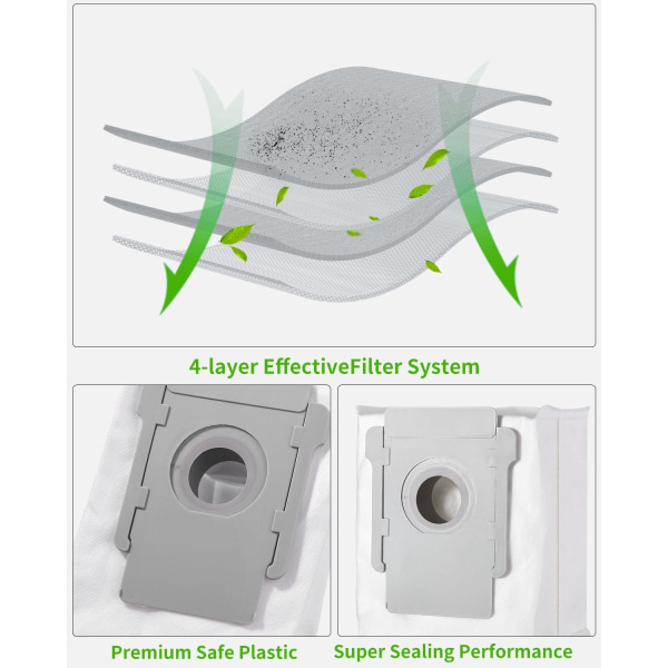 12-pakning kompatible erstatningsposer for iRobot i7 i7+ / i7 Plus E5 E6 E7 S9, støvsugertilbehør for Roomba i7, for Clean Basic støvsuger