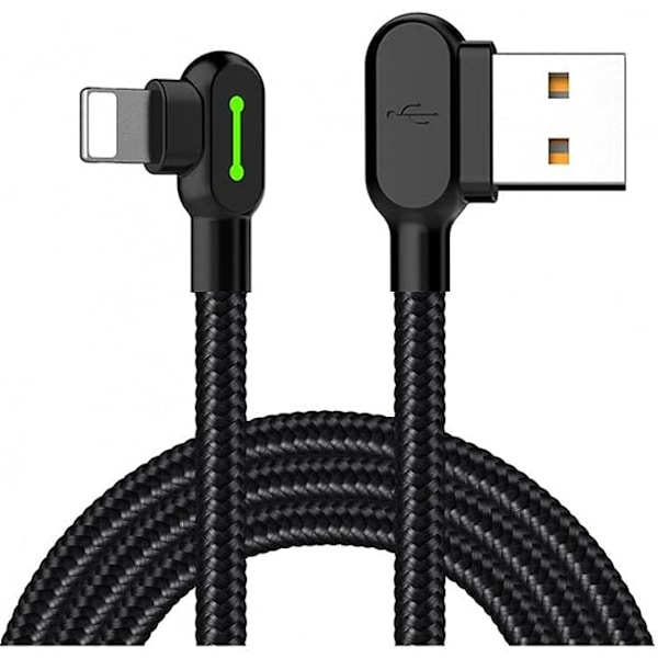 USB-kabel med rät vinkel och LED-lampa, 90 graders laddningskabel, nylonflätad, reversibel USB, snabb dataöverföring, laddningskontakt, adapter, fungerar med iPhone