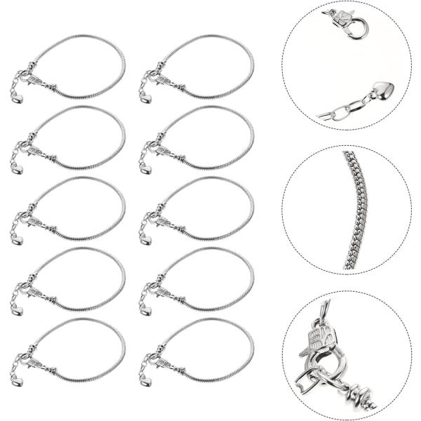 Förpackning med 10 Silver Snake Chain Charm Armband Rostfritt stål Justerbara Slider Armband med Hjärt Hummer Spänne Förlängare