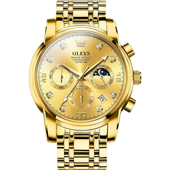 OLEVS Herre Chronograph Klokke, Vanntett Multifunksjonsurskive med Dato Diamantklokker for Menn Gold Dial/Gold Band
