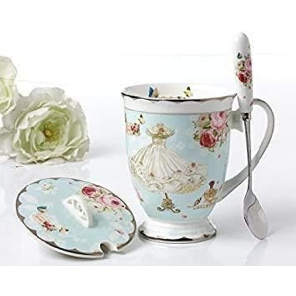 Art Style Bone China Tekopp med Lokk for Frokost og Kjøkken Rose Butterflies 11.5x8.7cm