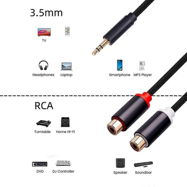 3687 3,5 mm han til 2 RCA hun stereo lydkabel AUX-adapter til computerhøjttaler