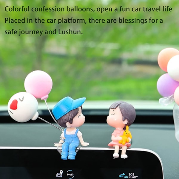 Sæt med 4 søde bildekorationer, bildekorationer søde tegneseriepar actionfigur ballonpynt, bilinstrumentbrætpynt