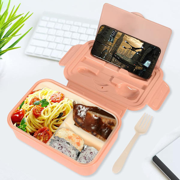 1400 ml Bento Lunsjboks, Beholder med 3 Rom, BPA-fri Sandwichboks for Voksne og Barn, Rosa