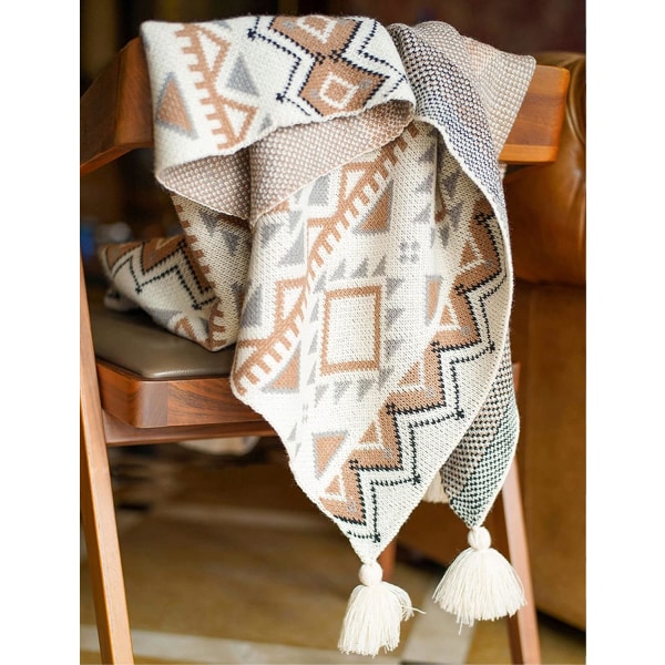 Brun kast tæppe, strikket kvast vintage tan kast tæppe, blødt let Boho kast tæppe til sofa seng og stue (130*170cm)