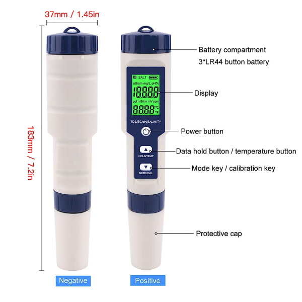 PH-meter, 5 i 1 PH/TDS/EC/ORP/temperatur, vandkvalitetsmonitor tester til svømmebassiner, hydroponics, drikkevand, akvarier