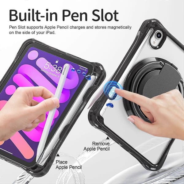Etui til iPad mini (2024)/mini (2021) Roterende Støtteben PC TPU Akryl Tablet Cover - Sort