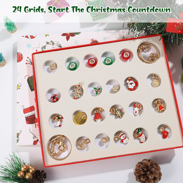 Adventskalender Set, 24 dagar julnedräkningskalender med 2 armband, 22 charms - Jul smycken DIY charm armband gör-det-själv-kit Gold