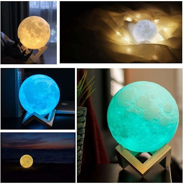 3D Månelampe 16 Farger Lampe med Trestativ/Fjernkontroll/Berøringskontroll Gave til Jenter og Kjærester Diameter 13cm