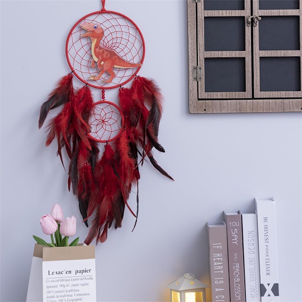 LED Drømmefanger, Rød Dinosaur Barnerom Søt Drømmefanger med Lys som Gaver, Bryllup/Vegghengende Ornamenter Håndverk