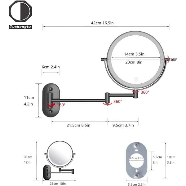 8 tuuman suurennospeili valolla, LED-valaistu seinäkiinnitys, 10x suurennos hotelliin pukeutumispöydälle, kylpyhuoneeseen, USB-ladattava, musta - 10X