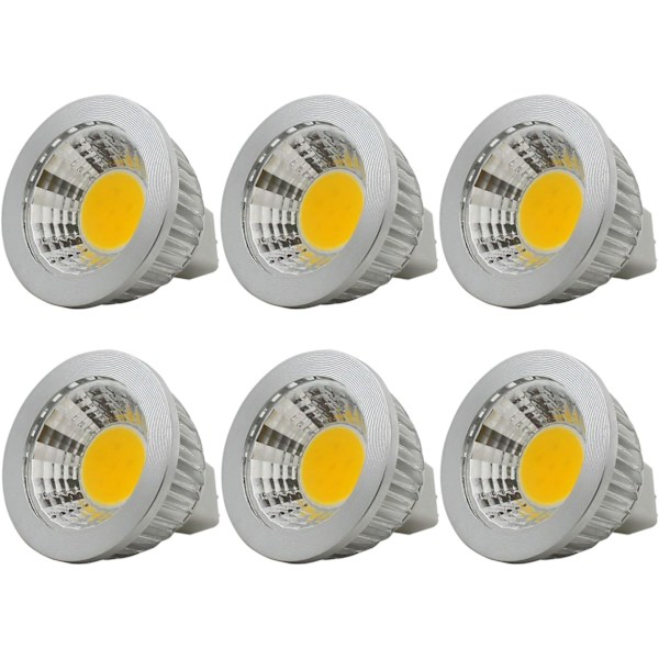 6 stk, MR16/GU5.3 COB LED-pære, 3W / 210lm, DC 12V, varm hvit 2700K, tilsvarende 20W halogenpære, ø50x52, 90° strålevinkel