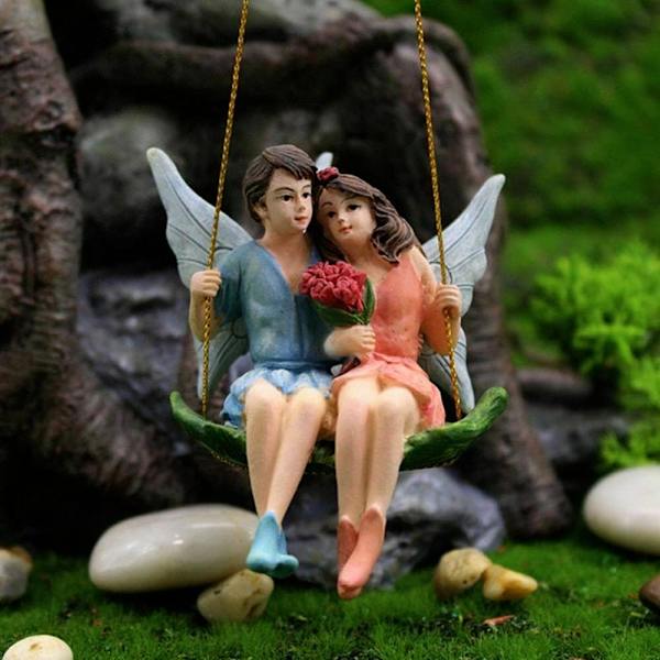 Romantisk fe par mini figurer sving hage landskap ornament harpiks statue