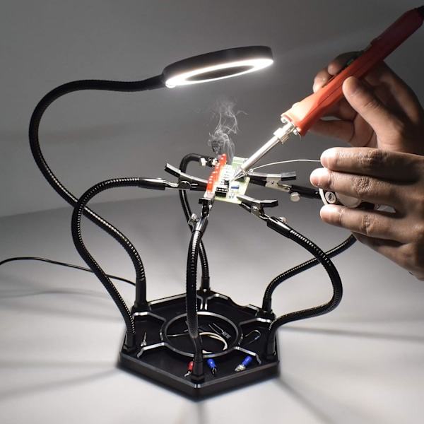 Tredje hand lödassistent med 6 flexibla armar och 3x förstoringsglas för elektronikreparation, modellhobby