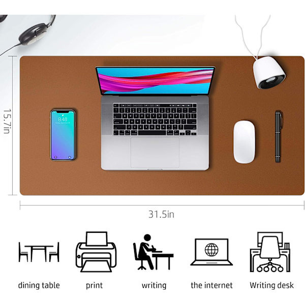 Læder Skrivebordsunderlag, Skridsikker PU Læder Skrivebordsunderlag, Laptop Skrivebordsunderlag, Vandafvisende Skrivebordsunderlag til Kontor og Hjem Brown 31.5" x 15.7"