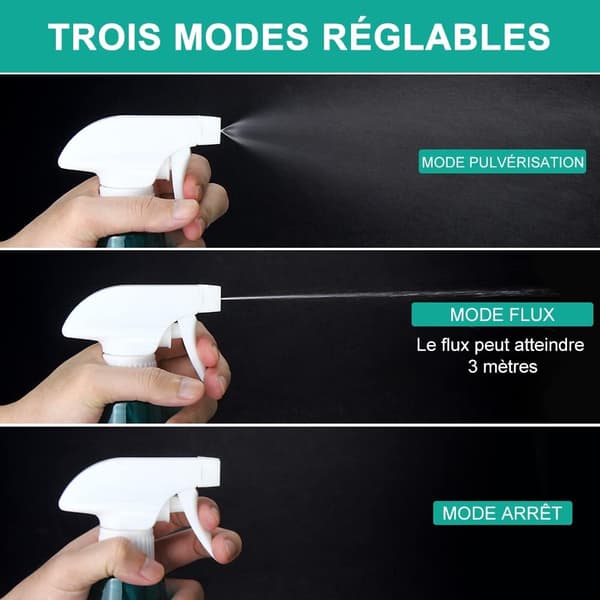 Tom sprayflaske, 500 ml plastsprayflaske med triggerpumpe, 3 moduser spray og stråle og av