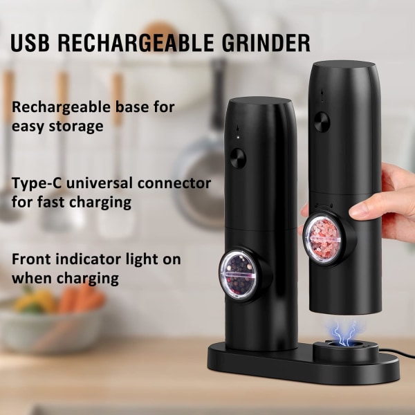 Elektrisk salt- og pepperkvernsett, 2 stk. USB-oppladbart sett justerbar grovhet med base