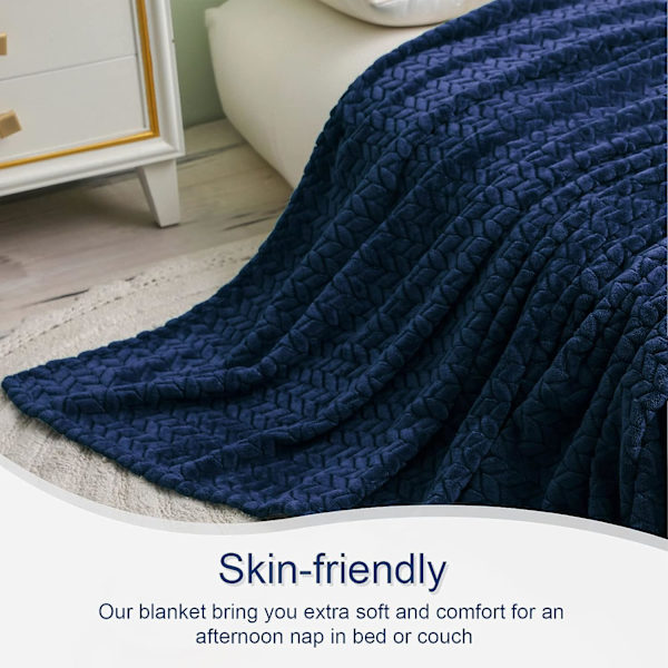 Flannel Fleece Tæppe, 127x178 CM Sofa Tæpper, Blødt Jacquard Væv Blade Mønster Tæpper til Sofa, Navy Blåt Tæppe
