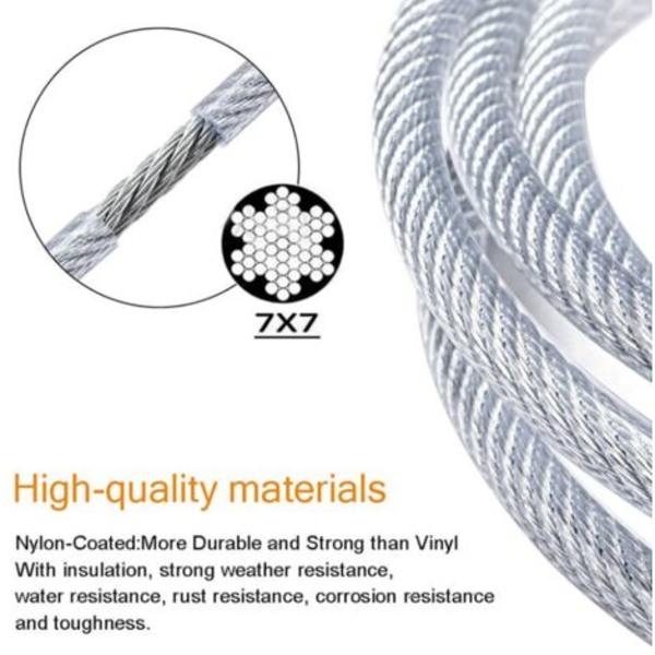 Rustfrit ståltov hængende sæt, nylonbelagt rustfrit stål kabel, PVC stål kabel spænder, til telttov, tøjline, have (30m)