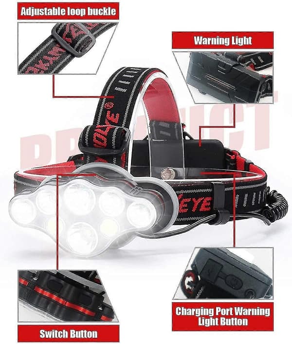Oppladbar hodelykt, Super Lumen 18000, 8 LED-lysmoduser, kraftig håndfri hodelykt for C