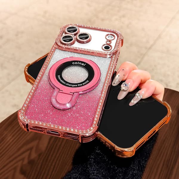 Magnetisk stativ for iPhone 18 Pro-deksel med glitterkort, myk TPU-støtfanger med diamanter, rosa Pink iPhone18PRO