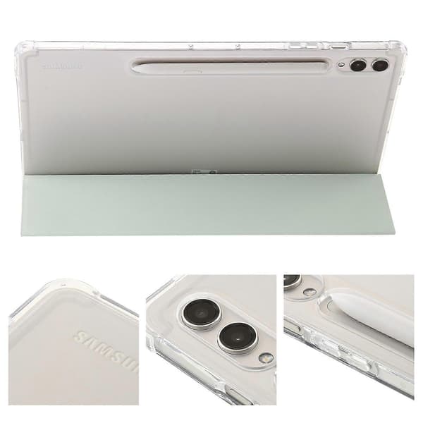 For Samsung Galaxy Tab S10+ Deksel Tri-Fold Stativ Lær+TPU+Akryl Klar Bakside Nettbrettdeksel