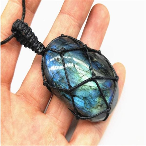 Naturlig Labradorit Kristall Halsband Healing Chakra Hänge med Handvävd Rep Labradorit Palmsten Månsten Healing