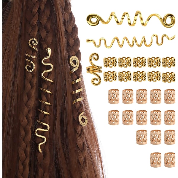 28 st hårflätatillbehör, guldlegerade hårsmycken, 25 st hårflätningsmanschetter och 3 st hårspiralklämmor för flätor