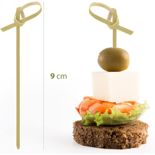 Sæt med 100 stk. knudede bambusspyd, miljøvenlige pinde, bambusspyd til fingermad, grillspyd, fest, cocktails, størrelse 9 cm.