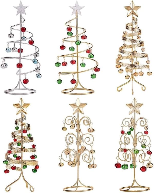 mini guld spiral jingle bell træ, 10,4\" smedejerns skrivebords ornament med røde og grønne klokker til julefrokost boligindretning, stil E style E