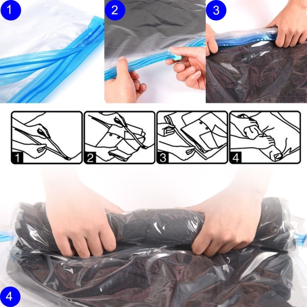 Rul op opbevaringsposer til rejser, 4 pakker mellemstore 60x40cm kompressionsposer til kufferter, ingen vakuum nødvendig, spar mere plads på rejsen