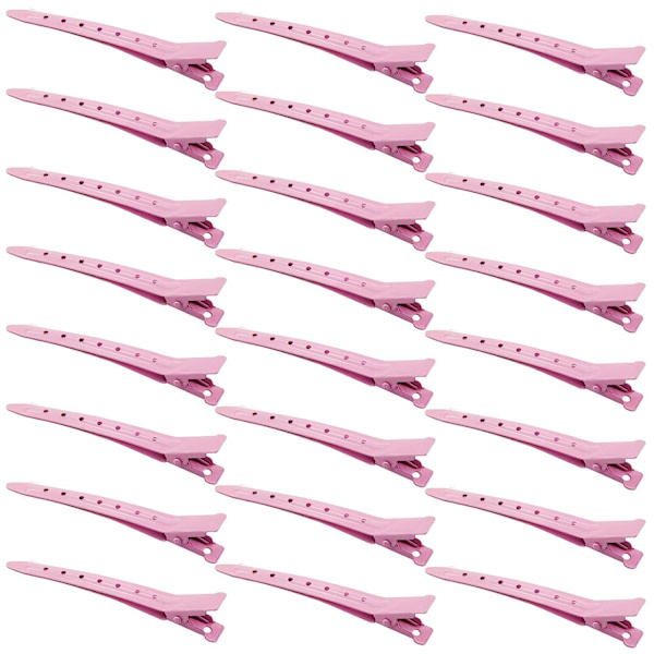 24-pack ankläppsklipp, 3,5 tum rostfria metallkrokodilklämmor med hål för hårstyling, hårfärgning, rosa