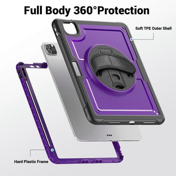 For iPad Pro 11 (2024) M4 A2836 Deksel Stativ PC TPE Nettbrettdeksel med Håndstropp
