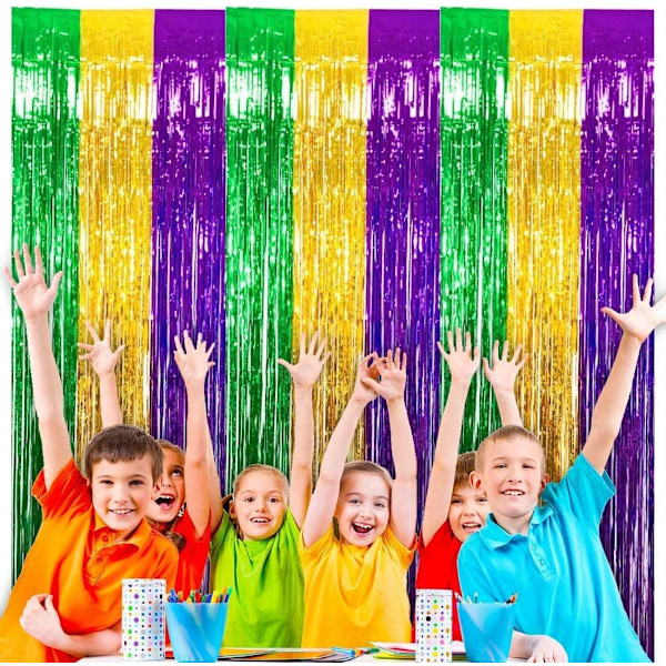2-pakkaus Mardi Gras -juhlakoristeet, kultaiset, vihreät ja violetit folioreunaiset verhot, 1M*2M