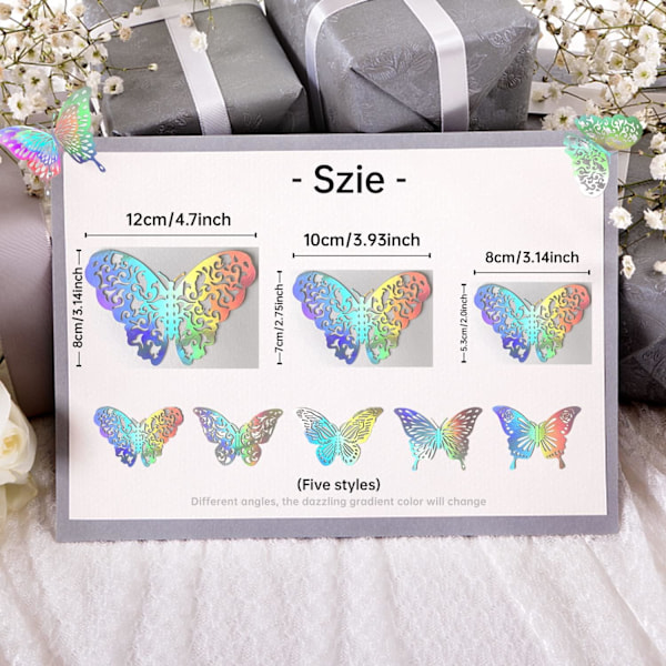 3D Butterfly Wall Decor, 24PCS Flyttbare Hule Butterfly Wall Stickers, Sølv Butterfly Wall Decals A style
