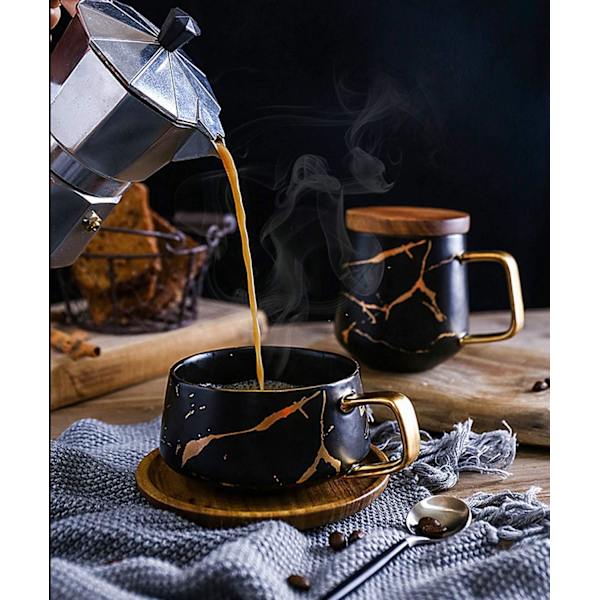 Porcelæn te-kop kaffekop sæt til eftermiddagste - Marmormønster (Sort, Kort 300ml + Træunderkop)