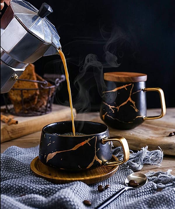 Porslin Te Kopp Kaffe Mugg Set för Eftermiddagste - Marmormönster (Svart, Kort 300ml + Träfat)