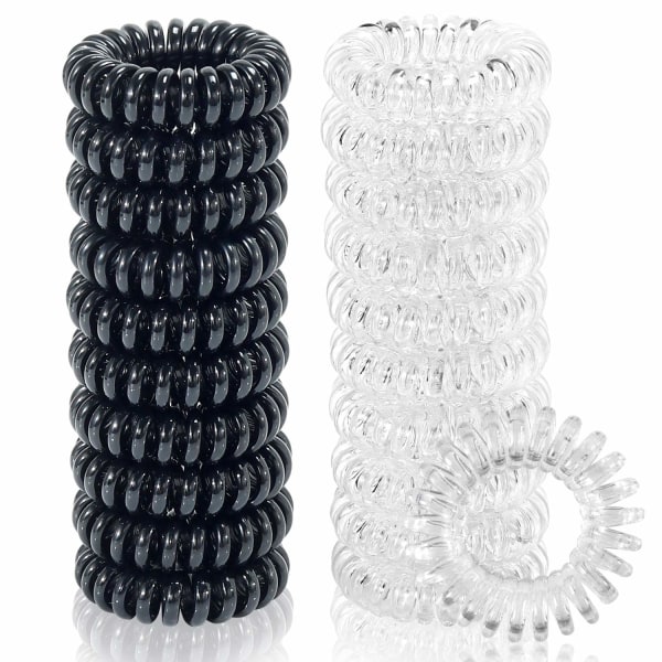 20 stk spiral hårstrikk, ingen brett spiral hårstrikk, telefonledning hårstrikk for tykt hår - kvinner hestehaleholder strikk (svart og gjennomsiktig)