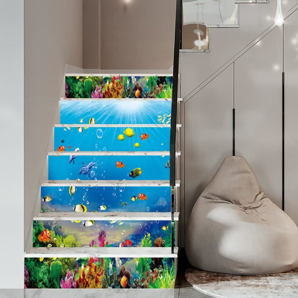 6 stk Creative 3D Ocean Landscape Stair Sticker Creative 3D selvklæbende under havet