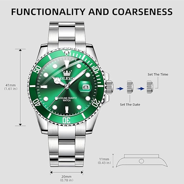 OLEVS Miesten Kellot Musta Green Dial/Silver Band