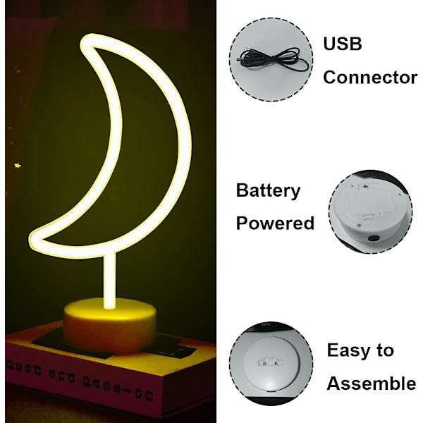 LED Neon Skilt Soverom Dekorativt Nattlys Innendørs Belysning Batteri og USB Drevet Lampe (Varmt Hvitt Månelys)